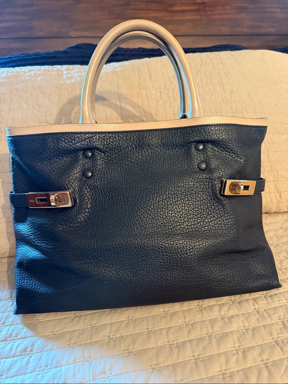 Chloe Two-Tone Pebbled Leather Satchel in Black and Cream